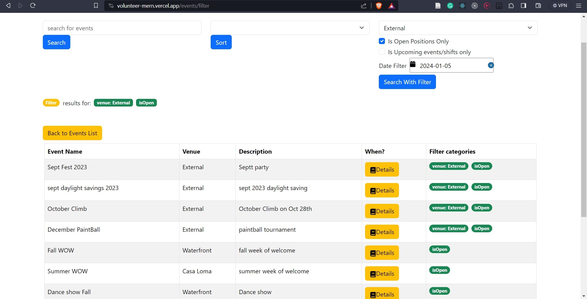 Filtering for events located externally (outside the organization) and with open shift positions